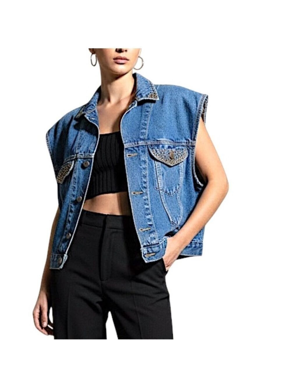Vintage 80s 90s distressed boxy cropped cotton denim studded blue jean vest